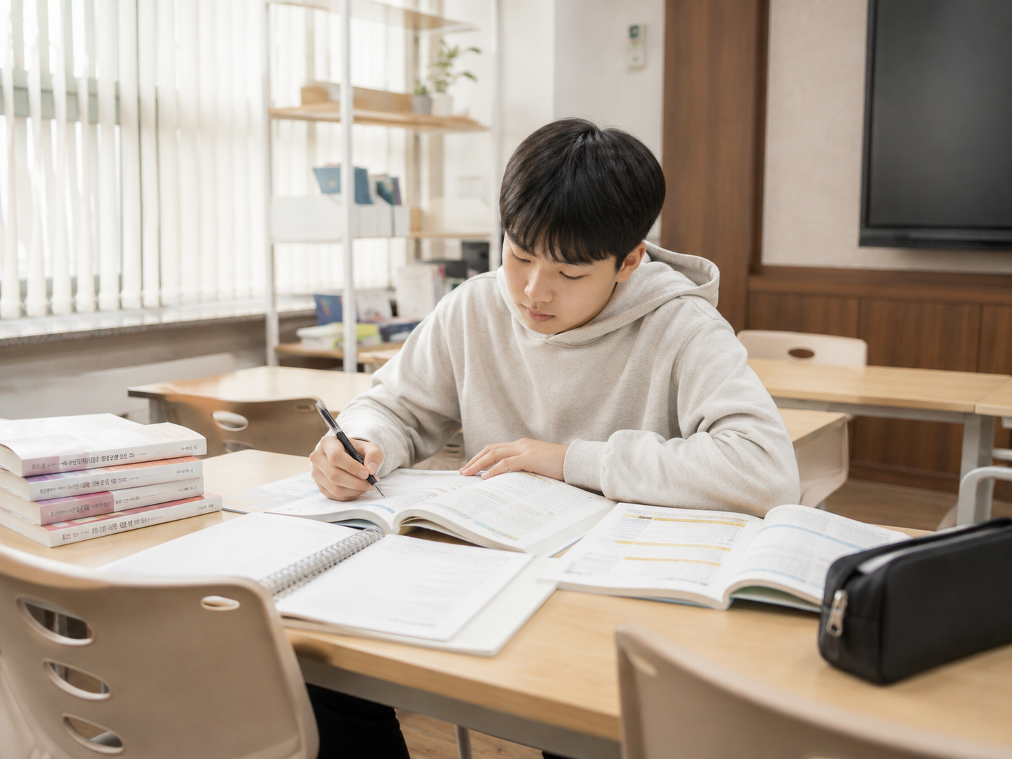 학생이 국어 교재를 공부하는 장면